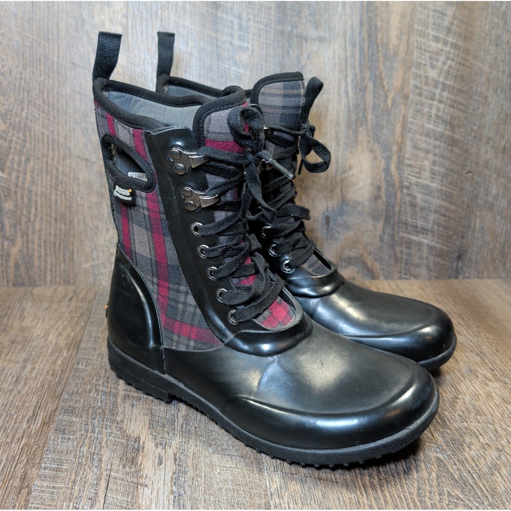 Bogs Sidney Plaid Rain Boots Women's US 7 Neo Tech Lace Up Neoprene Black Red